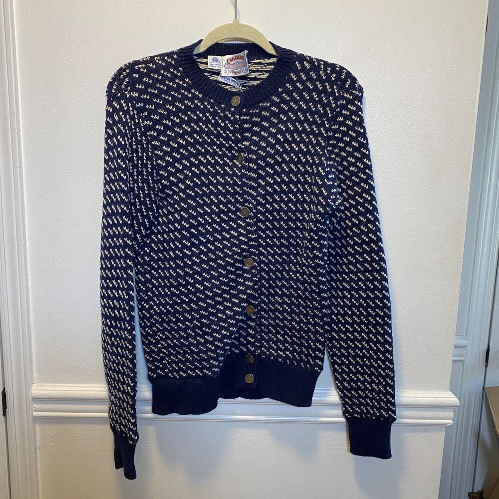 VTG Cambridge Dry Goods Wool Sweater Cardigan L Navy Cream USA Fair Isle Style